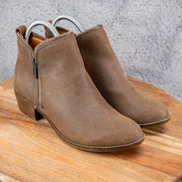Lucky Brand Bartalino 7 M Dual Side Zip Up Tan Suede Leather Ankle Booties Boots - Picture 1 of 5